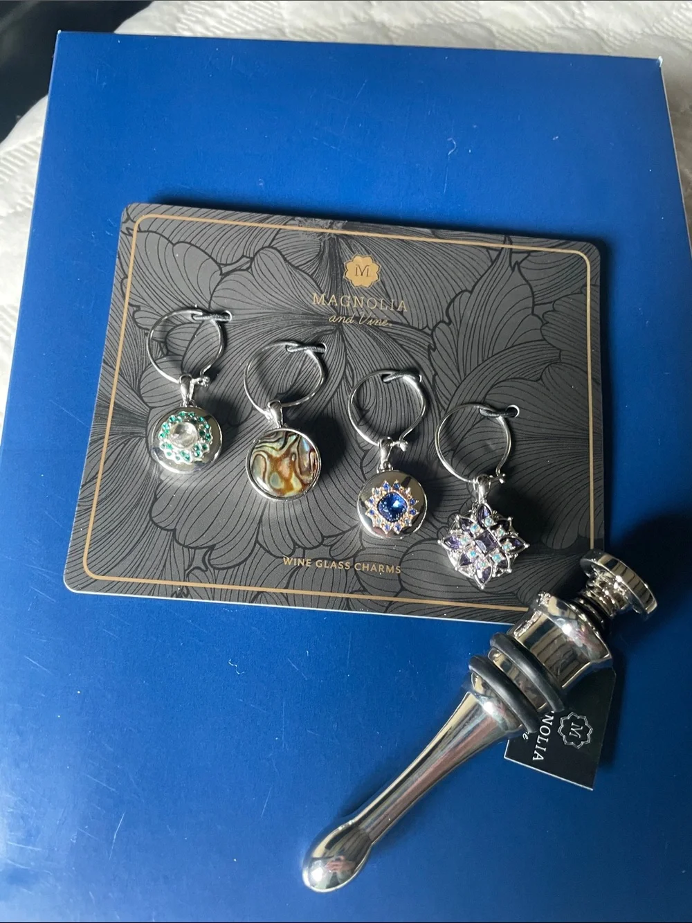 Magnolia and Vine Silver Wine Stopper and Blue Charm Set
